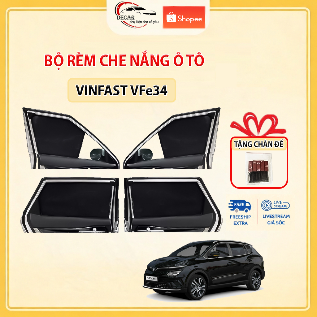 Rèm Che Nắng Ô Tô Hít Nam Châm Vinfast VFe34 - Bộ 4 Tấm Rèm Chắn Nắng Cửa Kính Xe Hơi Chống Tia UV