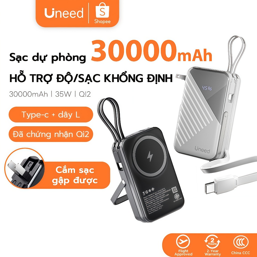 【CCC】UNEED Sạc dự phòng 30000mAh, sạc nhanh không dây PD35W, Có kèm phích cắm Thích hợp iP14-17 Samsun | BigBuy360 - bigbuy360.vn