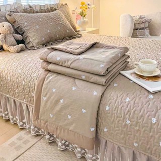 Bộ Chăn Ga Gối Cotton Hàn Ren Trắng, Sét 4 Món Ga Phủ Viền Bèo Ren Trắng Trần Bông Chun Cài 4 Góc