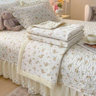 Bộ Chăn Ga Gối Cotton Hàn Ren Trắng, Sét 4 Món Ga Phủ Viền Bèo Ren Trắng Trần Bông Chun Cài 4 Góc