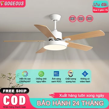 Quạt trần phòng khách quạt trần đèn 3 màu LED A70 có size 10/122/132cm cánh gỗ động cơ DC đảo chiều