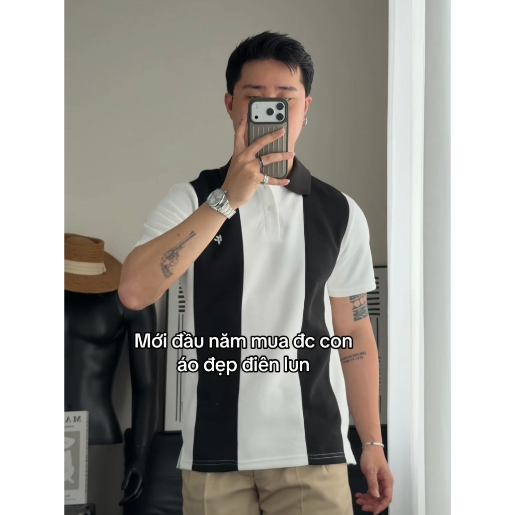 Áo Polo RT CLASSY THE LINE Phối Dọc Trẻ Trung Basic Nam/Nữ Vải Cotton Pique Chống Nhăn