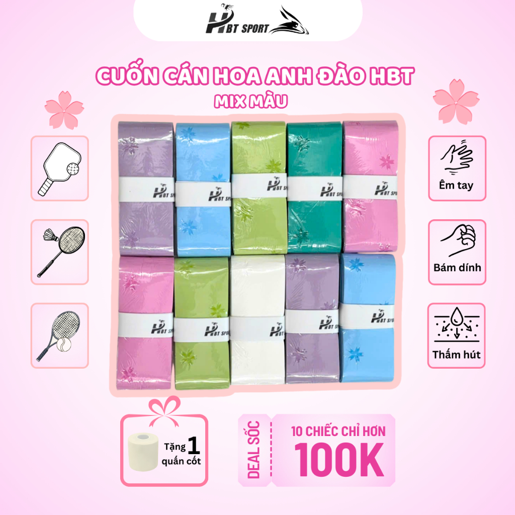 [Combo Hoa Rơi Cửa Phật] Quấn Cán Hoa Anh Đào Tặng Kèm 1 Cuốn Cốt, Cuốn Cán HBT Vợt Cầu Lông Pickleball Êm Tay Thấm Hút