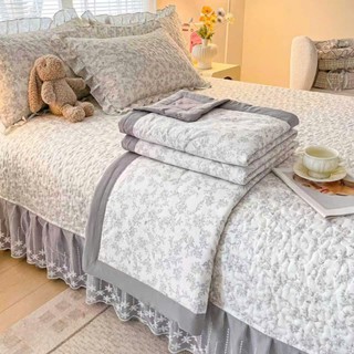 Bộ Chăn Ga Gối Cotton Hàn Ren Trắng, Sét 4 Món Ga Phủ Viền Bèo Ren Trắng Trần Bông Chun Cài 4 Góc