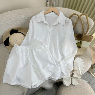 SET Bộ Bigsize Nữ Áo Sơ Mi Tay Dài Form Rộng Kèm Quần Đui Lưng Chun Vải Đũi Vân Mây SET861