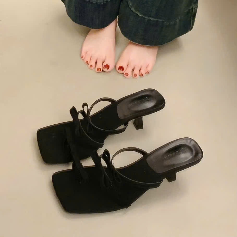 Dép Cao Gót Dây Nơ Mũi Vuông 7cm – Sandal Cao Gót Nữ Thiết Kế Kiểu Pháp Sang Trọng, Thanh Lịch