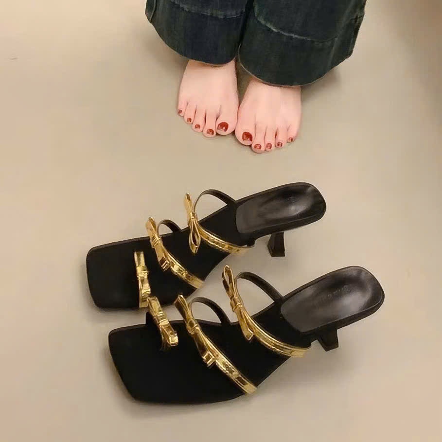 Dép Cao Gót Dây Nơ Mũi Vuông 7cm – Sandal Cao Gót Nữ Thiết Kế Kiểu Pháp Sang Trọng, Thanh Lịch