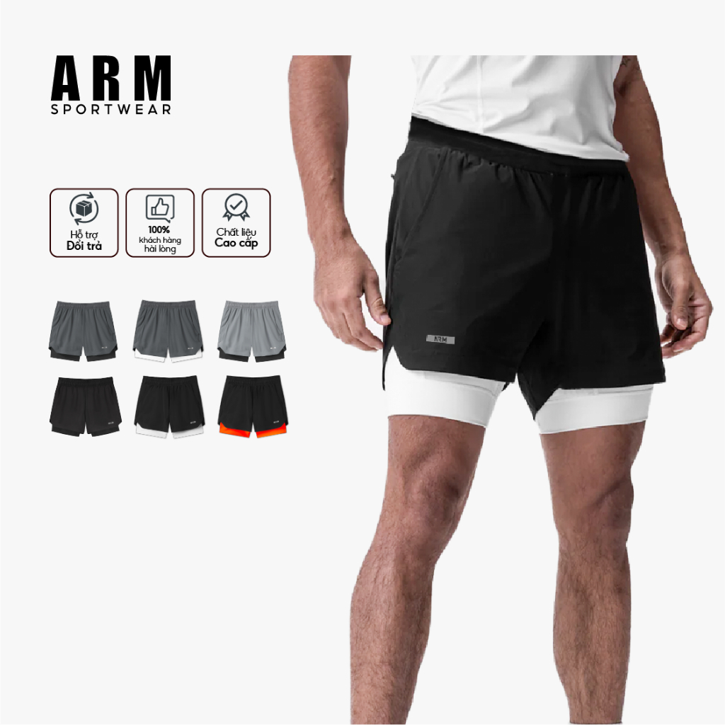 Quần Tập Gym Nam 2 lớp ARM Gym Power Short thoáng khí, thấm hút mồ hôi và khô nhanh, thoải mái vận động