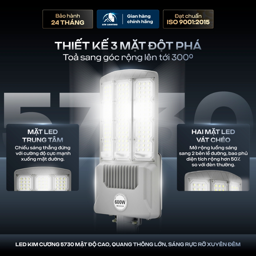 Đèn Năng Lượng Mặt Trời Bàn Chải ATH LIGHTING  Loại Đèn Có 3 Mặt Chiếu Sáng Thế Hệ Mới Công Suất 400W 500W 600W Vỏ Nhôm