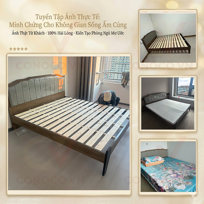 Giường ngủ hiện đại khung gỗ chắc chắn CONOCO tựa lưng bọc vải êm ái 1m8