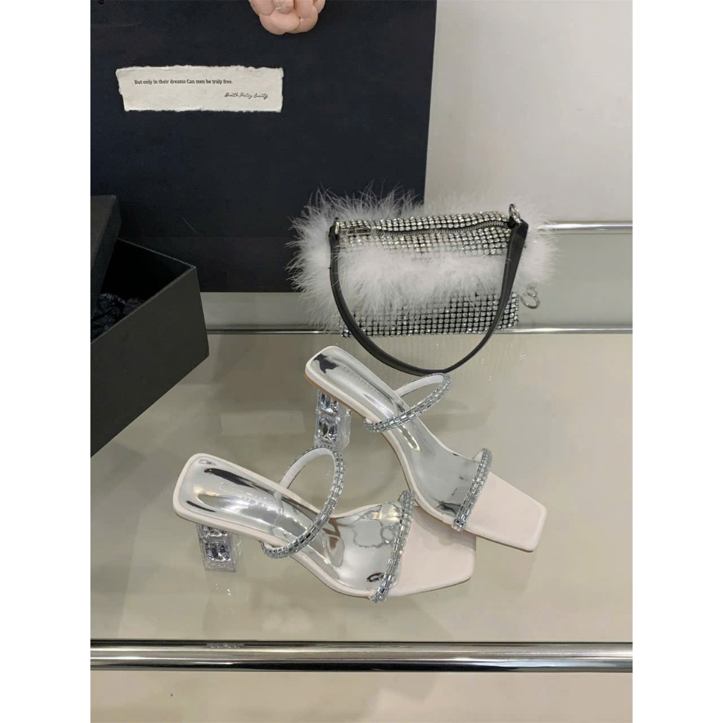 Dép Cao Gót Mũi Vuông Cone Heel – Gót Mika Pháp Cao 8cm, Thiết Kế Hai Quai Dây Xoàn Đá Siêu Sang