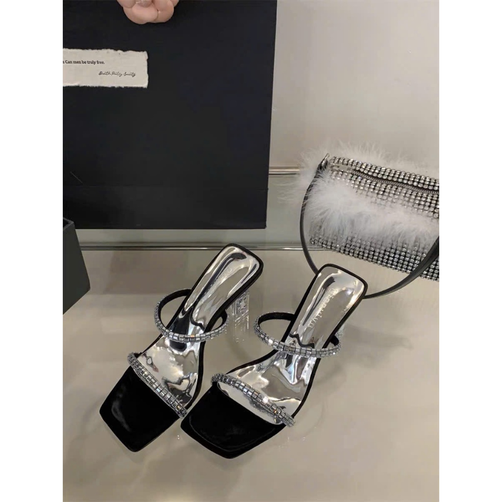 Dép Cao Gót Mũi Vuông Cone Heel – Gót Mika Pháp Cao 8cm, Thiết Kế Hai Quai Dây Xoàn Đá Siêu Sang