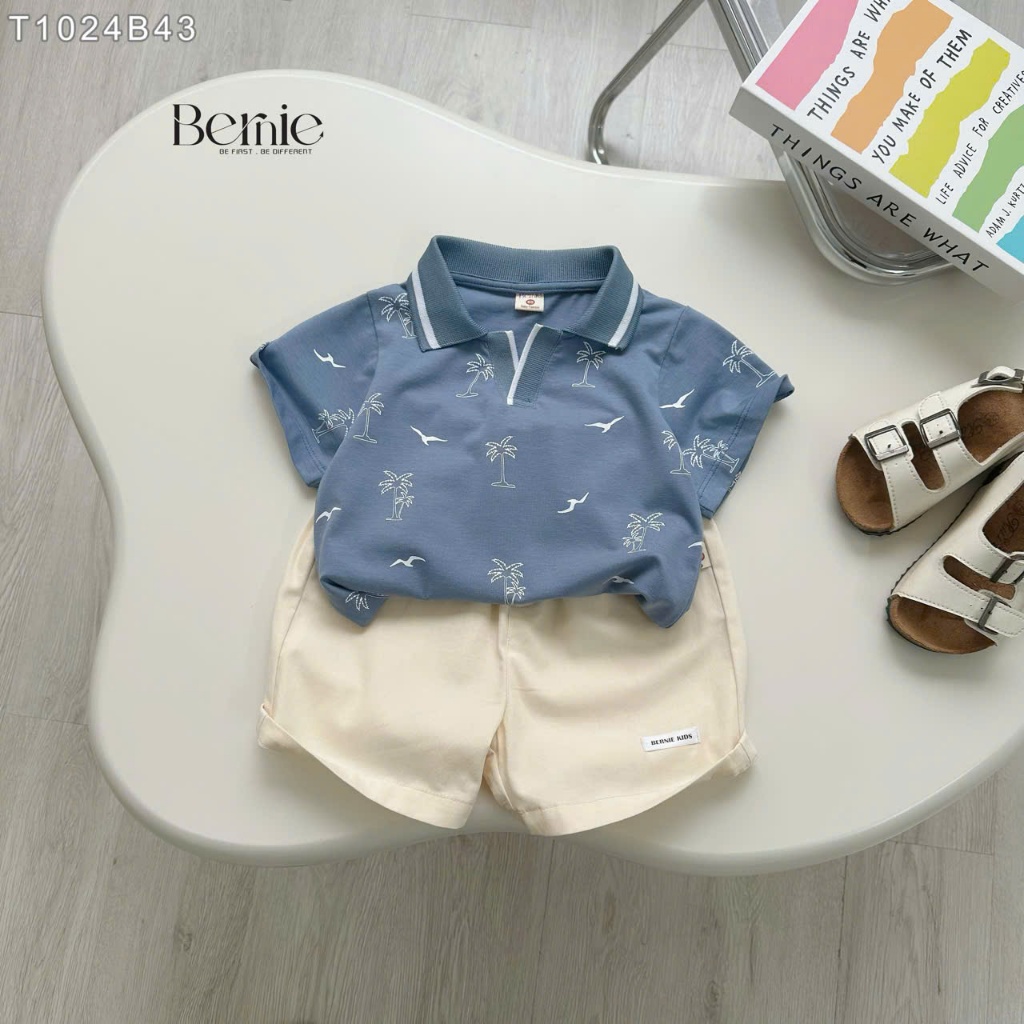 (Hãng Bernie) Bộ quần áo polo cộc tay họa tiết CÂY DỪA XANH ,.chất áo cotton co giãn phối quần kaki BE mềm mại cho bé