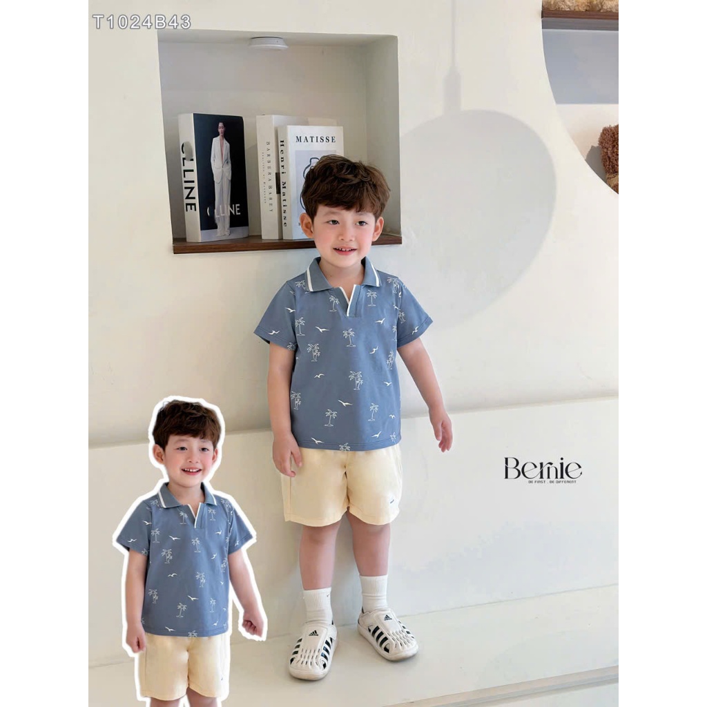 (Hãng Bernie) Bộ quần áo polo cộc tay họa tiết CÂY DỪA XANH ,.chất áo cotton co giãn phối quần kaki BE mềm mại cho bé