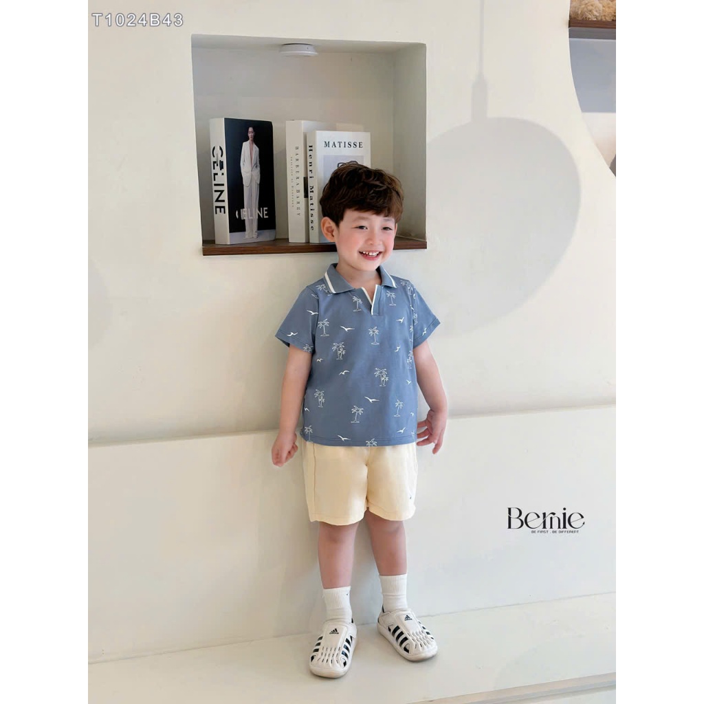 (Hãng Bernie) Bộ quần áo polo cộc tay họa tiết CÂY DỪA XANH ,.chất áo cotton co giãn phối quần kaki BE mềm mại cho bé