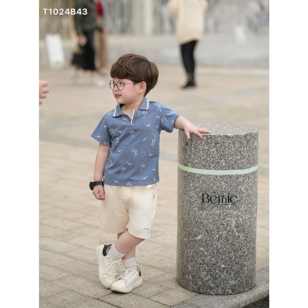 (Hãng Bernie) Bộ quần áo polo cộc tay họa tiết CÂY DỪA XANH ,.chất áo cotton co giãn phối quần kaki BE mềm mại cho bé