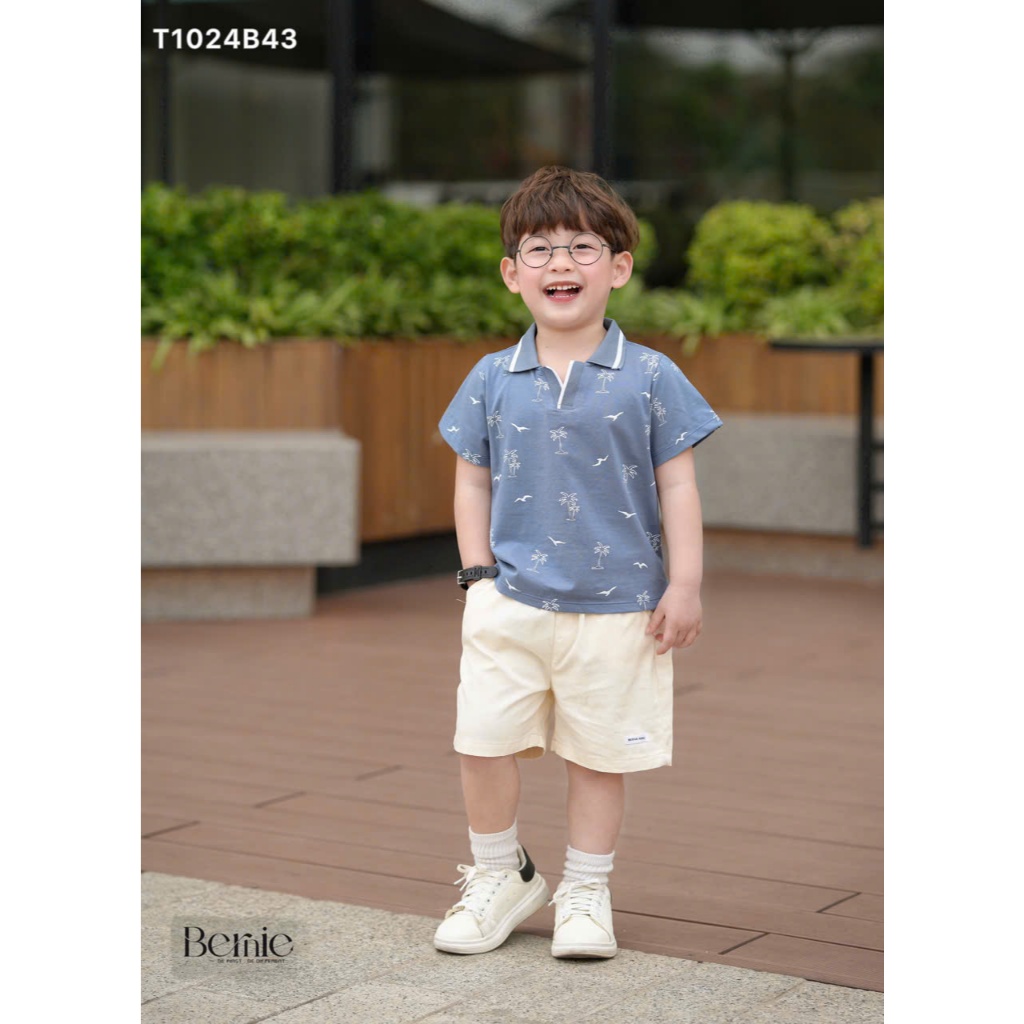 (Hãng Bernie) Bộ quần áo polo cộc tay họa tiết CÂY DỪA XANH ,.chất áo cotton co giãn phối quần kaki BE mềm mại cho bé
