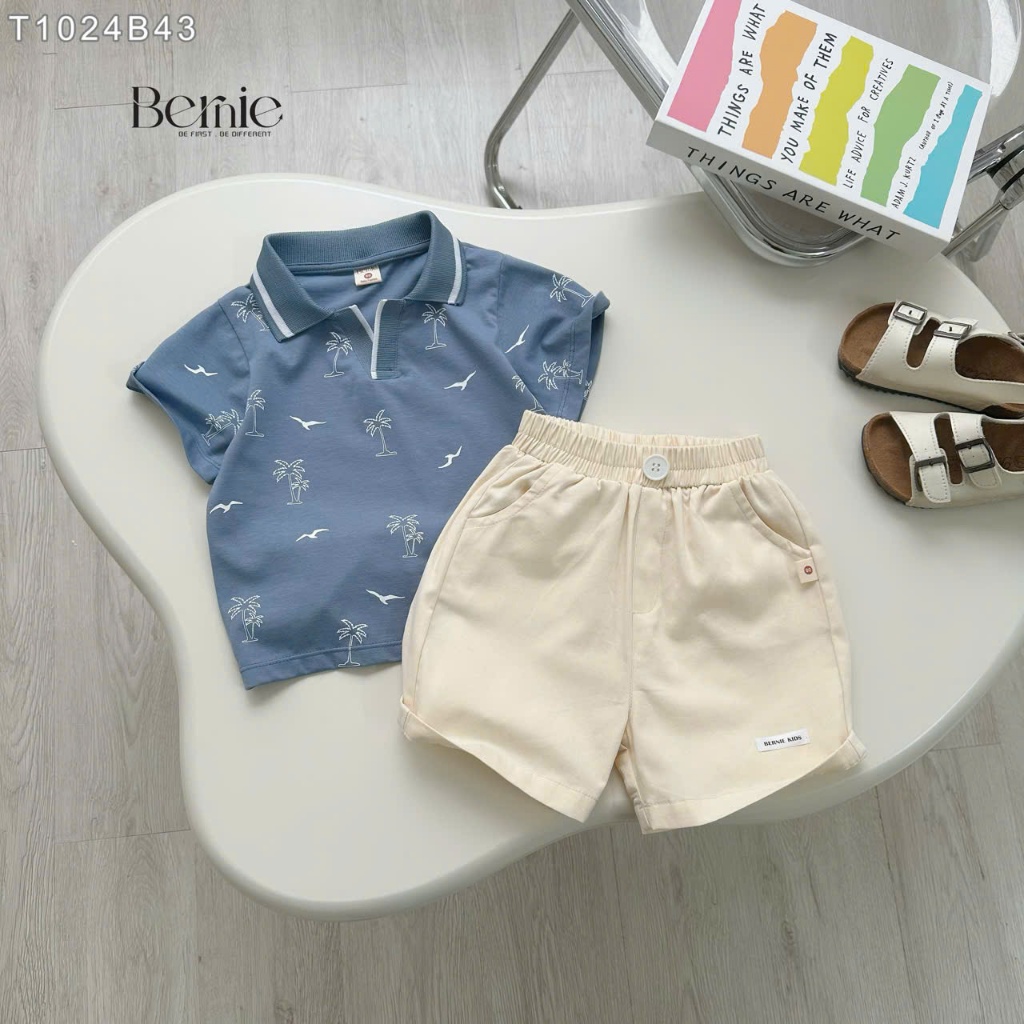 (Hãng Bernie) Bộ quần áo polo cộc tay họa tiết CÂY DỪA XANH ,.chất áo cotton co giãn phối quần kaki BE mềm mại cho bé