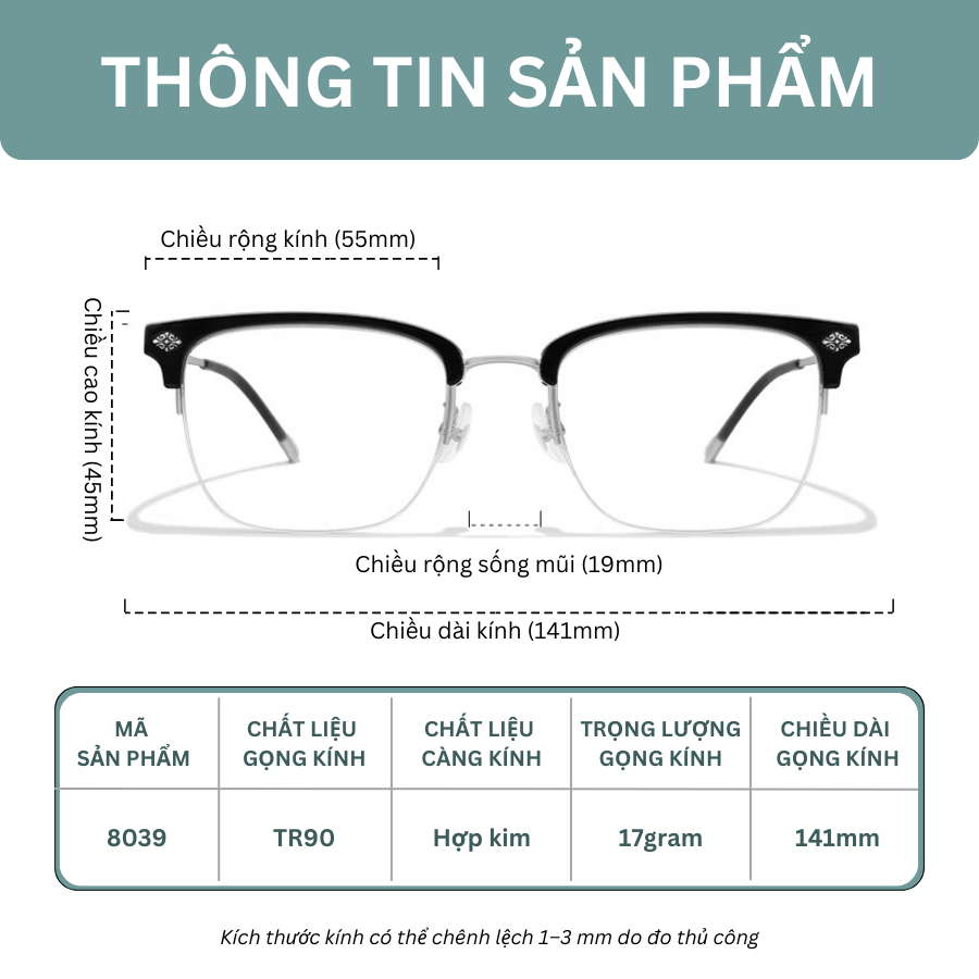 Kính Mắt Thời Trang Nam INNI Gọng Kính Titan Nửa Viền Form Vuông, Siêu Nhẹ Chống Ánh Sáng Xanh 8039