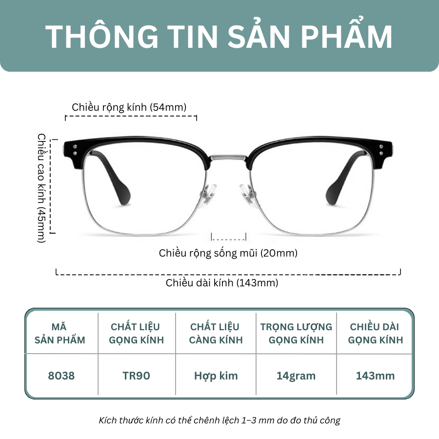 Kính Cận Thời Trang INNI Gọng Nửa Viền Nam, Form Lớn Phong Cách Cá Tính, Chống Ánh Sáng Xanh 8038