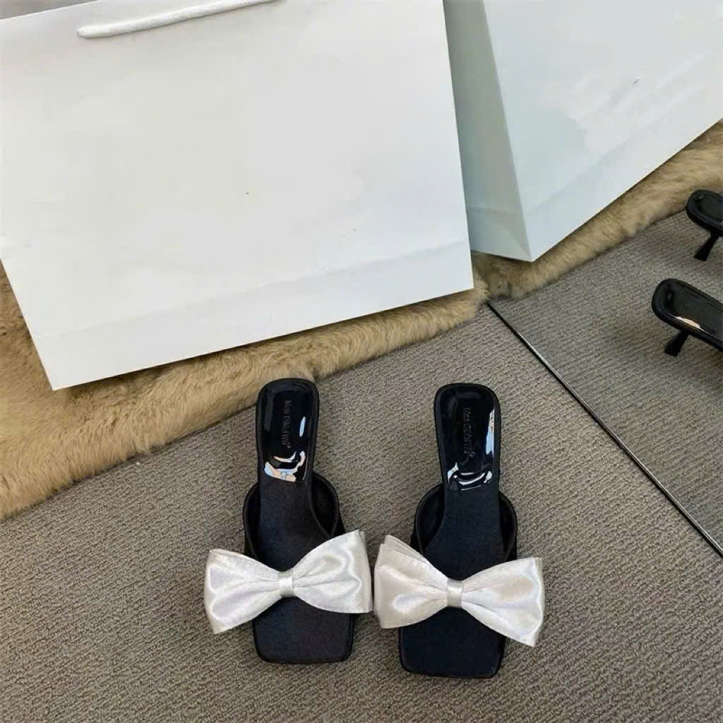 Dép Cao Gót Mũi Vuông 5cm Cone Heel – Giày Nữ Đính Nơ Bản To Phong Cách Hàn Quốc Sang Trọng