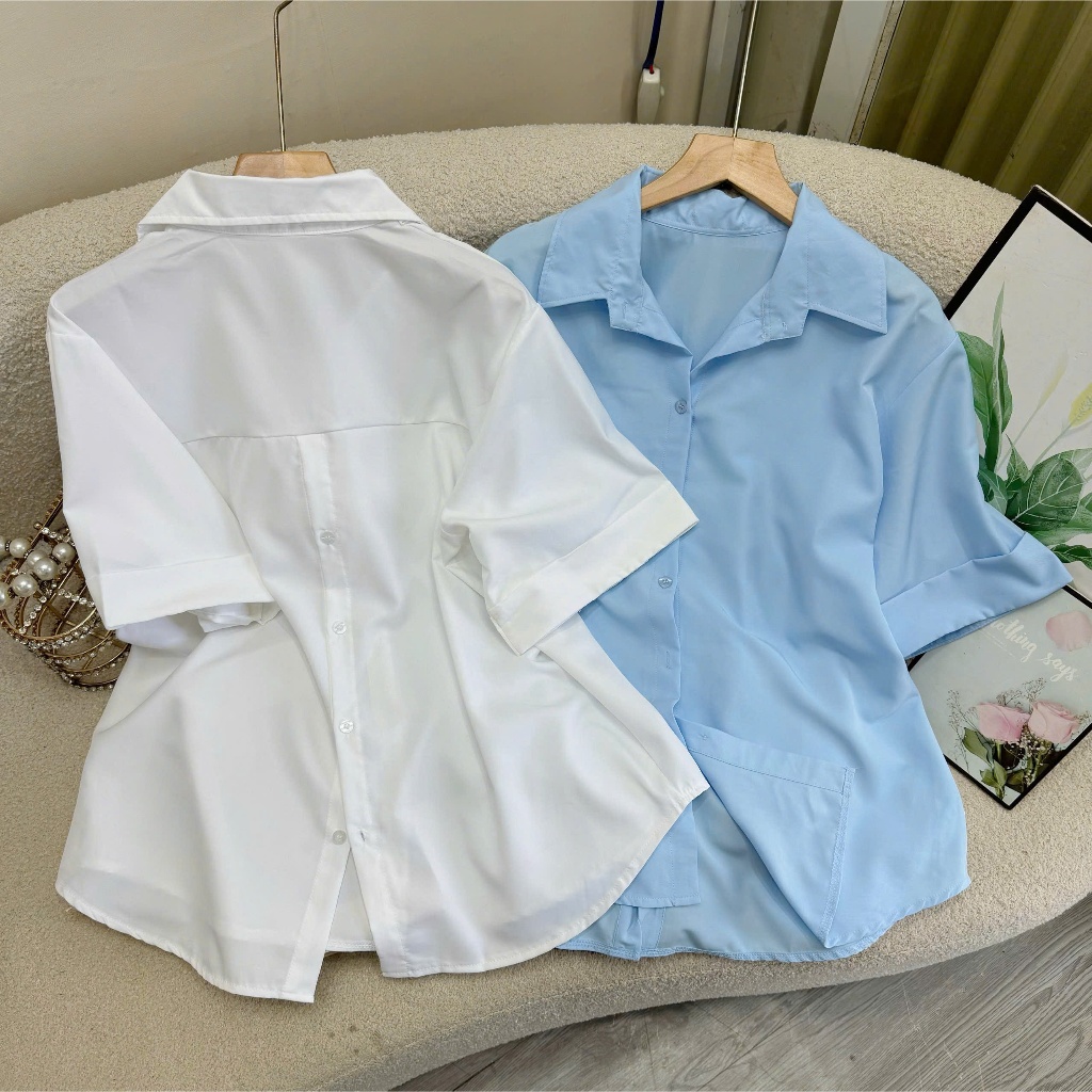 Áo Sơ Mi Nữ Cộc Tay Xẻ Lưng Cài Cúc Sau Bigsize Nữ,Áo Sơ Mi Kiểu Phom Rộng Dễ Thương AT10