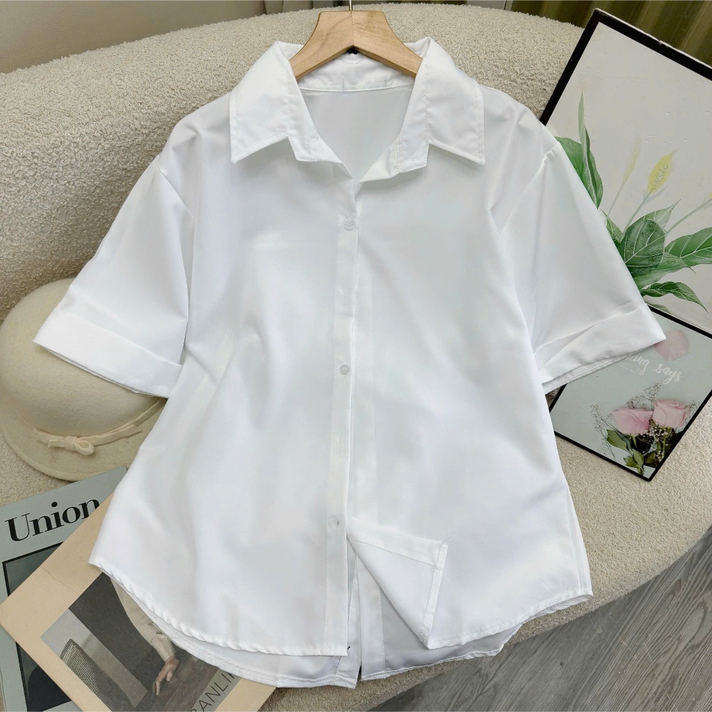 Áo Sơ Mi Nữ Cộc Tay Xẻ Lưng Cài Cúc Sau Bigsize Nữ,Áo Sơ Mi Kiểu Phom Rộng Dễ Thương AT10
