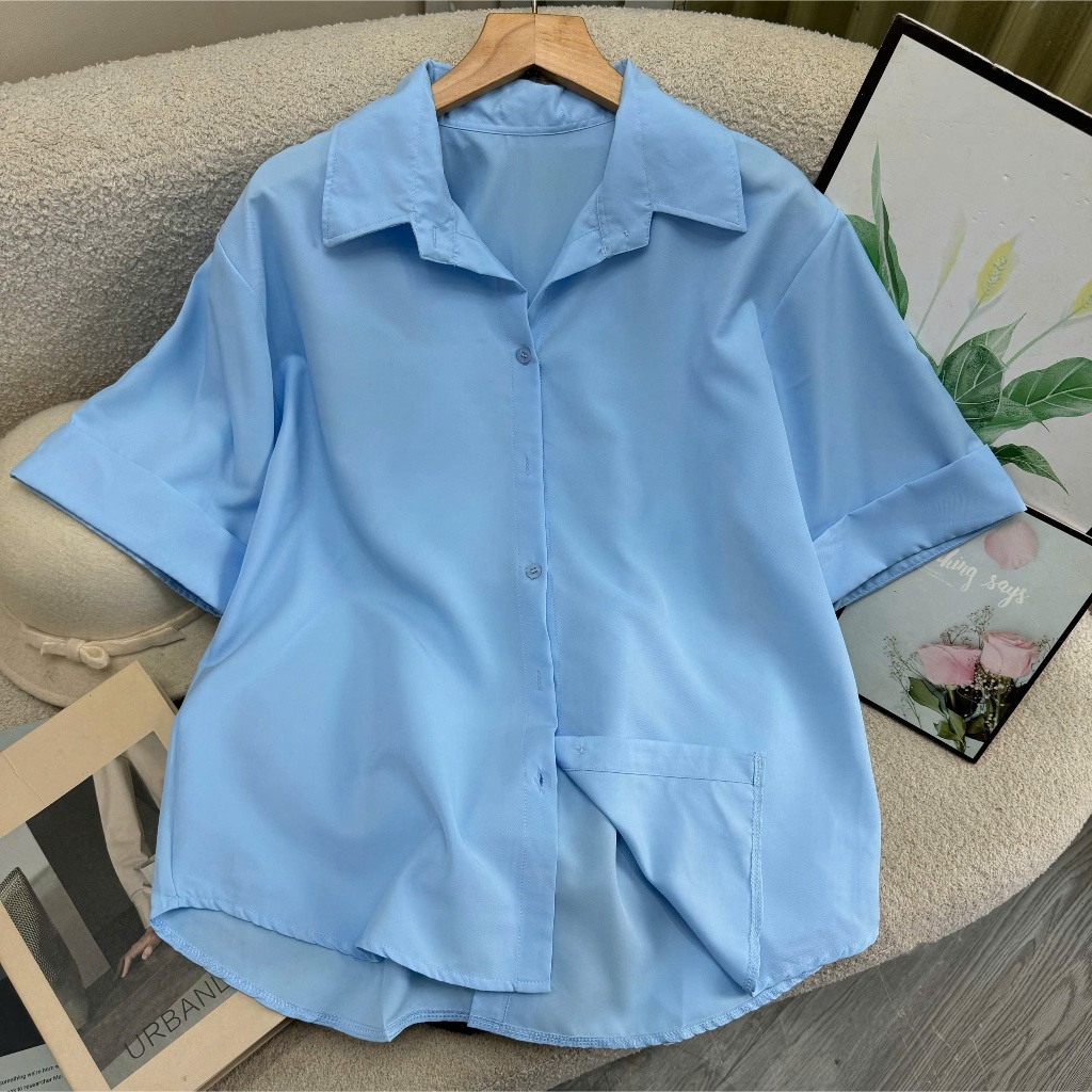 Áo Sơ Mi Nữ Cộc Tay Xẻ Lưng Cài Cúc Sau Bigsize Nữ,Áo Sơ Mi Kiểu Phom Rộng Dễ Thương AT10