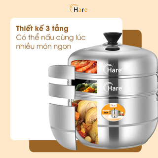 Nồi Hấp 3 Tầng Hare HR-SP300 30cm Gồm 1 Nồi 2 Vỉ Hấp 1 Xửng, Thiết Kế Lỗ Hấp Đều - Bếp Của Hà