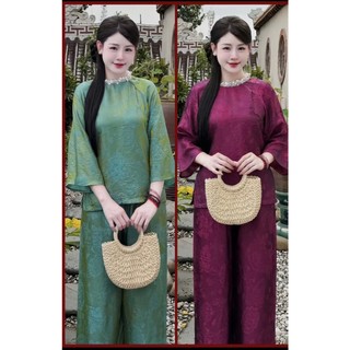 Bộ pháp phục đi chùa tằm óng ánh kim – hoạ tiết cổ ngọc cao cấp - Áo dài Phương Linh