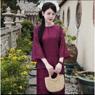Bộ pháp phục đi chùa tằm óng ánh kim – hoạ tiết cổ ngọc cao cấp - Áo dài Phương Linh