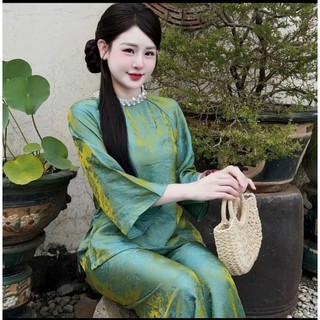 Bộ pháp phục đi chùa tằm óng ánh kim – hoạ tiết cổ ngọc cao cấp - Áo dài Phương Linh
