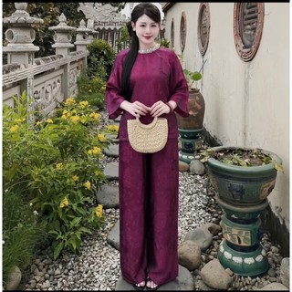 Bộ pháp phục đi chùa tằm óng ánh kim – hoạ tiết cổ ngọc cao cấp - Áo dài Phương Linh