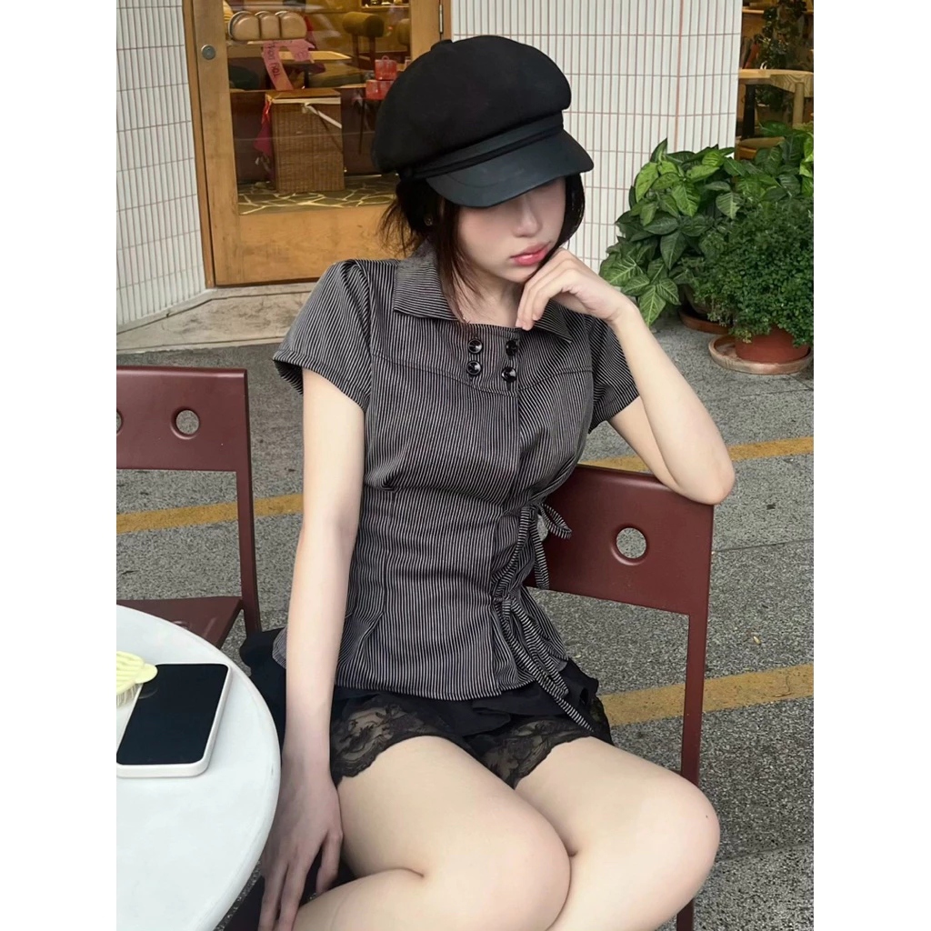 [KH48] Áo sơ mi kiểu nữ Y2K kẻ sọc tăm, Áo cộc tay chiết eo thắt nơ tôn dáng vintage | KHAO BOUTIQUE