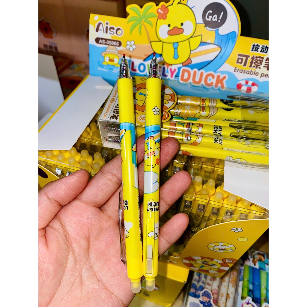 [12 tặng 1] Bút Gel Xóa Được Hình Vịt Lovely Duck Aiso Ngòi 0.5mm Mực Tím Viết Mượt Cho Học Sinh