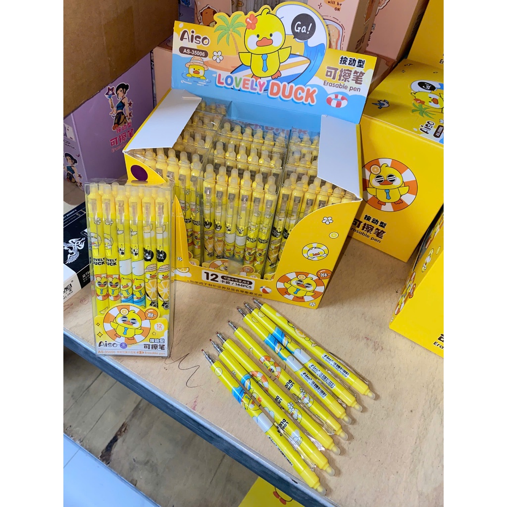 [12 tặng 1] Bút Gel Xóa Được Hình Vịt Lovely Duck Aiso Ngòi 0.5mm Mực Tím Viết Mượt Cho Học Sinh