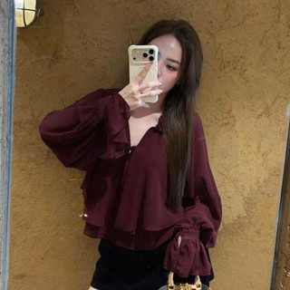 Áo voan tơ Loại 1 thiết kế cổ V phối bèo tay bồng tiểu thư, Áo kiểu nữ công sở sang chảnh trẻ trung