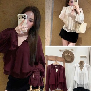 Áo voan tơ Loại 1 thiết kế cổ V phối bèo tay bồng tiểu thư, Áo kiểu nữ công sở sang chảnh trẻ trung