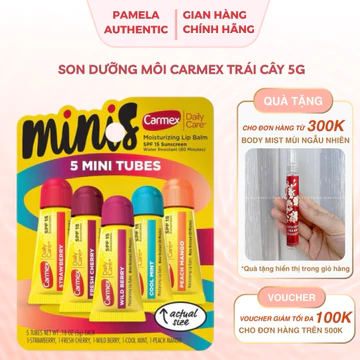(BILL US - CÓ SỈ) Set 5 tuýp son dưỡng ẩm môi Carmex SPF 15 mùi Dâu Tây, Bạc Hà Mát, Quả mọng Dại, Xoài Đào, Cherry