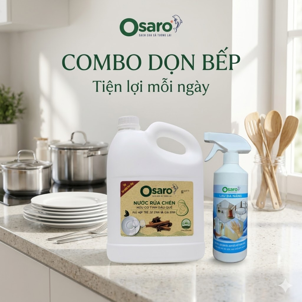 Combo Nước Rửa Chén 4KG + Lau Đa Năng 500G OSARO -  Sạch Dầu Mỡ Bàn Ăn - Bàn bếp