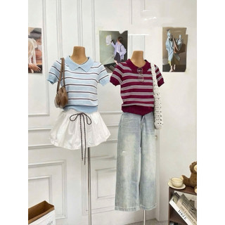 LT - Áo len mongtoghi kẻ nganh cổ bẻ, len mỏng cộc tay free size 1603