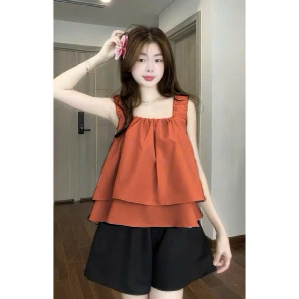 Đồ Bộ ngắn vải kate lụa 2 tầng, đồ bộ mặc nhà dây bản chun to xinh xắn Freesize dưới 58kg - K99
