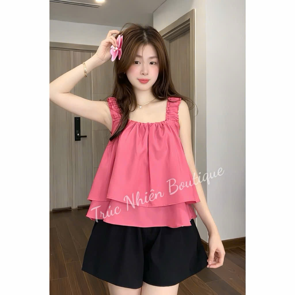 Đồ Bộ ngắn vải kate lụa 2 tầng, đồ bộ mặc nhà dây bản chun to xinh xắn Freesize dưới 58kg - K99
