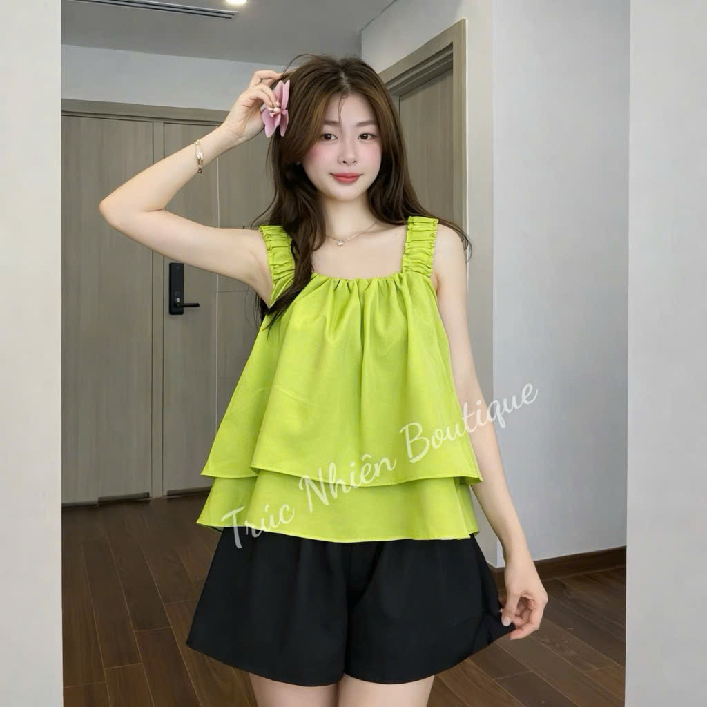 Đồ Bộ ngắn vải kate lụa 2 tầng, đồ bộ mặc nhà dây bản chun to xinh xắn Freesize dưới 58kg - K99