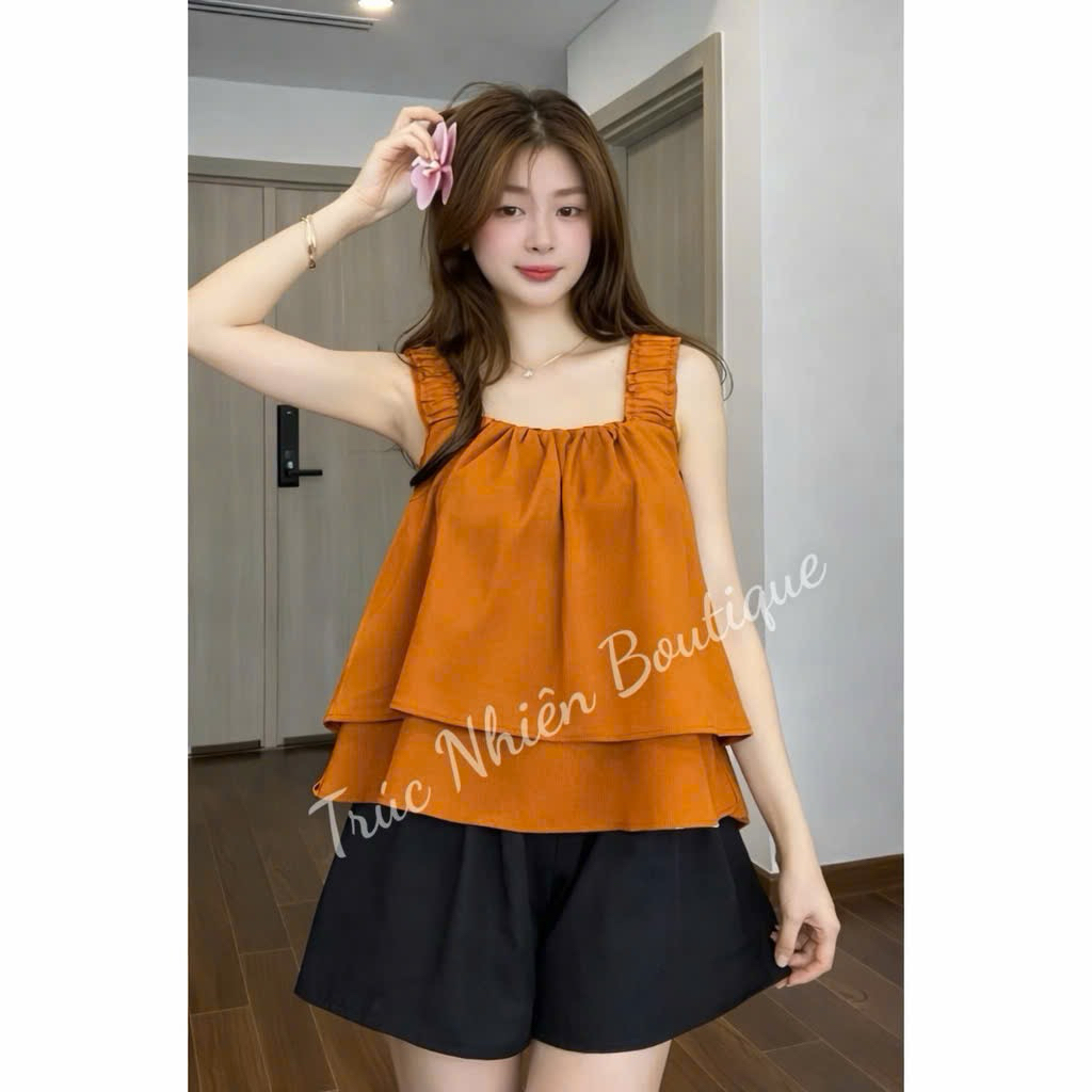 Đồ Bộ ngắn vải kate lụa 2 tầng, đồ bộ mặc nhà dây bản chun to xinh xắn Freesize dưới 58kg - K99