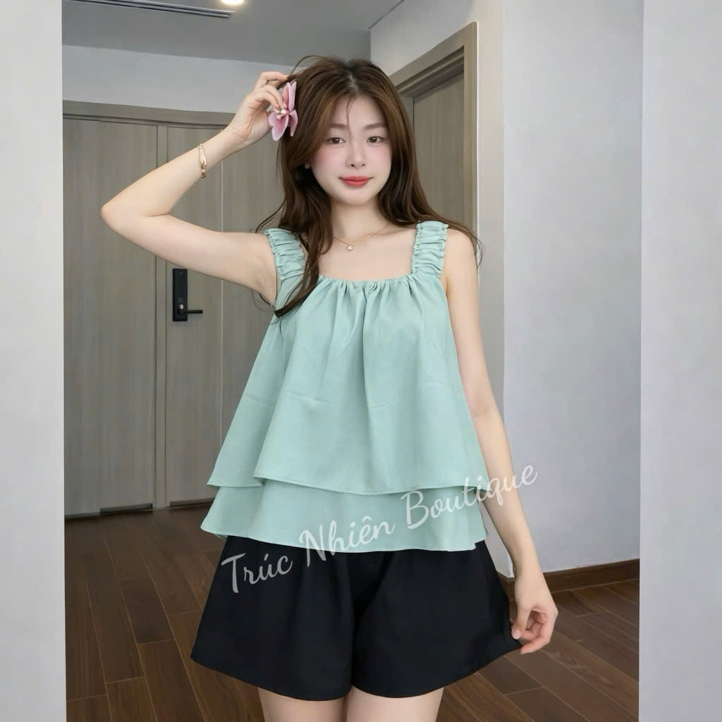 Đồ Bộ ngắn vải kate lụa 2 tầng, đồ bộ mặc nhà dây bản chun to xinh xắn Freesize dưới 58kg - K99