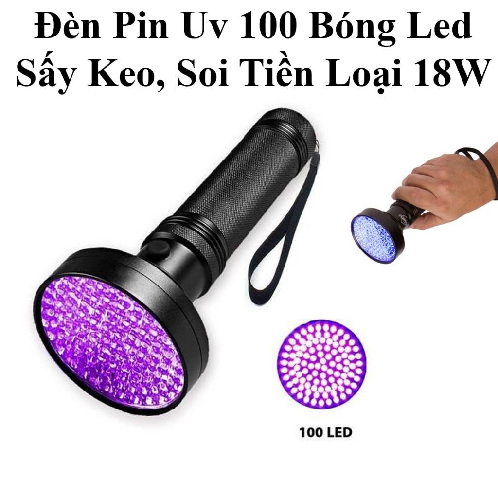 Đèn Pin Uv 100 Bóng Led Chuyên Dùng Sấy Keo Uv, Sấy Móng, Soi Tiền Giả Tiện Dụng Loại 18W