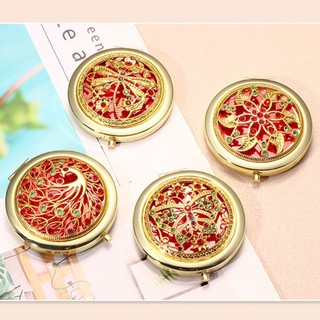 Gương Trang Điểm Mini  – Gương Cầm Tay Gấp Gọn 1 Mặt Phóng Đại 1 Mặt Thường, Gương Bỏ Túi Họa Tiết Đỏ Vàng Sang Trọng