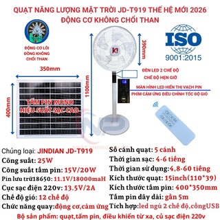 Ảnh 2 – Quạt năng lượng mặt trời,quạt tích điện 919T mẫu mới 2026,điều khiển,báo pin,động cơ không chổi than,cổng usb Củ sạc220V