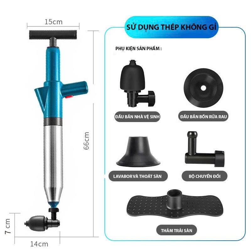 Súng thông tắc bồn cầu, chậu rửa bát, lavabo 4in1 tự động đa năng áp suất khí nén 8kg cực mạnh đánh bay mọi vật cản